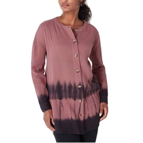 J. JILL COTTON  button down tie dye ombre summer beach top pink purple WT225 - Picture 2 of 7